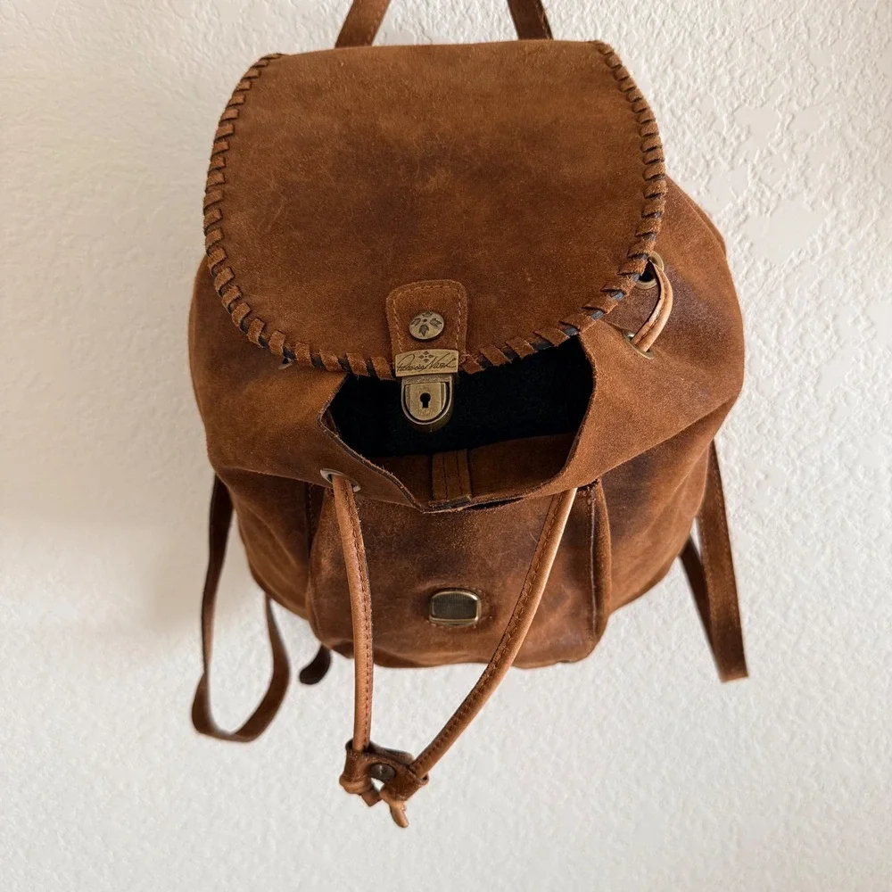 Patricia Nash Casape Burnished Cognac  Brown Suede Drawstring Backpack Boho